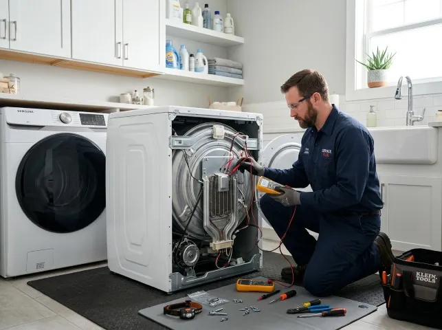 Appliance Repair Hero technician checking a dryer heating element with the rear panel off in Berwyn, PA