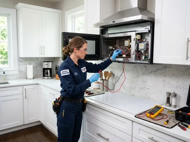 Appliance Repair Hero technician testing an over-the-range microwave in a Berwyn, PA kitchen